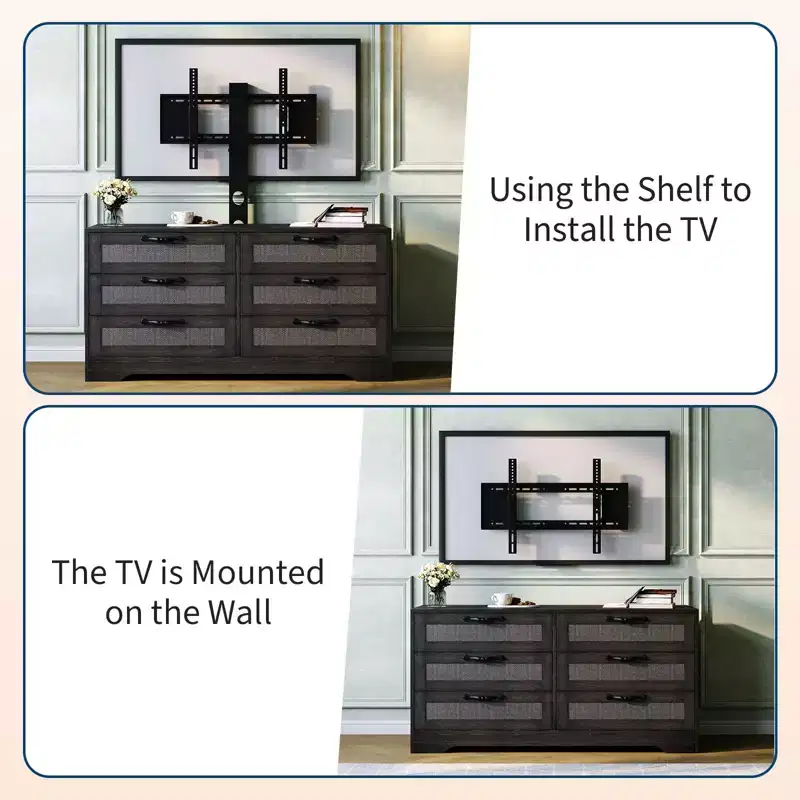 Wood & Rattan TV Stand with Mount 6-Drawer 47.2''W x 43.8''H x 15.7''D
