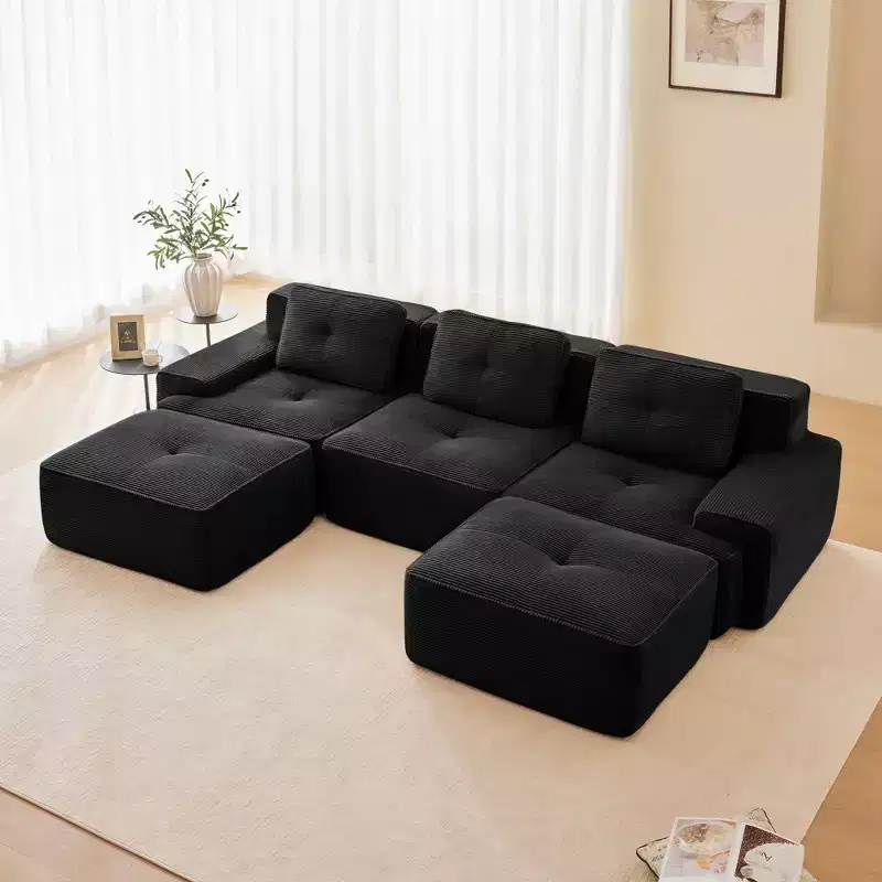 117 Modern Corduroy Fabric U-Shaped Modular Sectional Sofa for Living Room, 3-Seater Couch with Deep Seat and 2 Ottomans, Camel