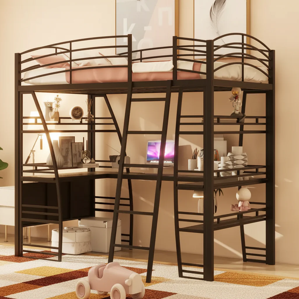 Twin Size Loft Bed with Desk and Bookcase with Metal Frame, Loft Bed with Desk and Storage, Black