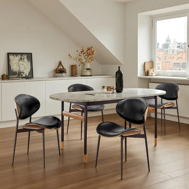 Art Leon Set of 4 Mid-century Wood and Faux Leather Dining Chairs
