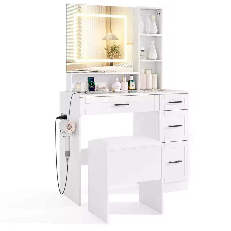 Costway 35.5 Makeup Table Set Vanity Desk with Mirror and Lights 2 Open Shelves Glass Top