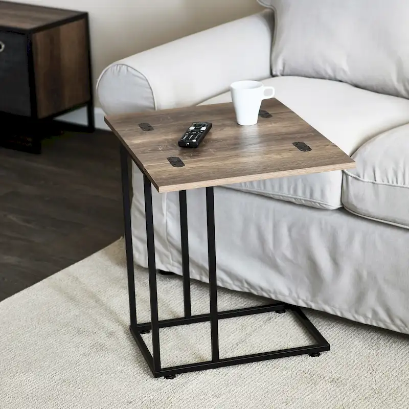 C-Shape Side Table, Faux Stone Top, Black Frame, Space-Saving Design