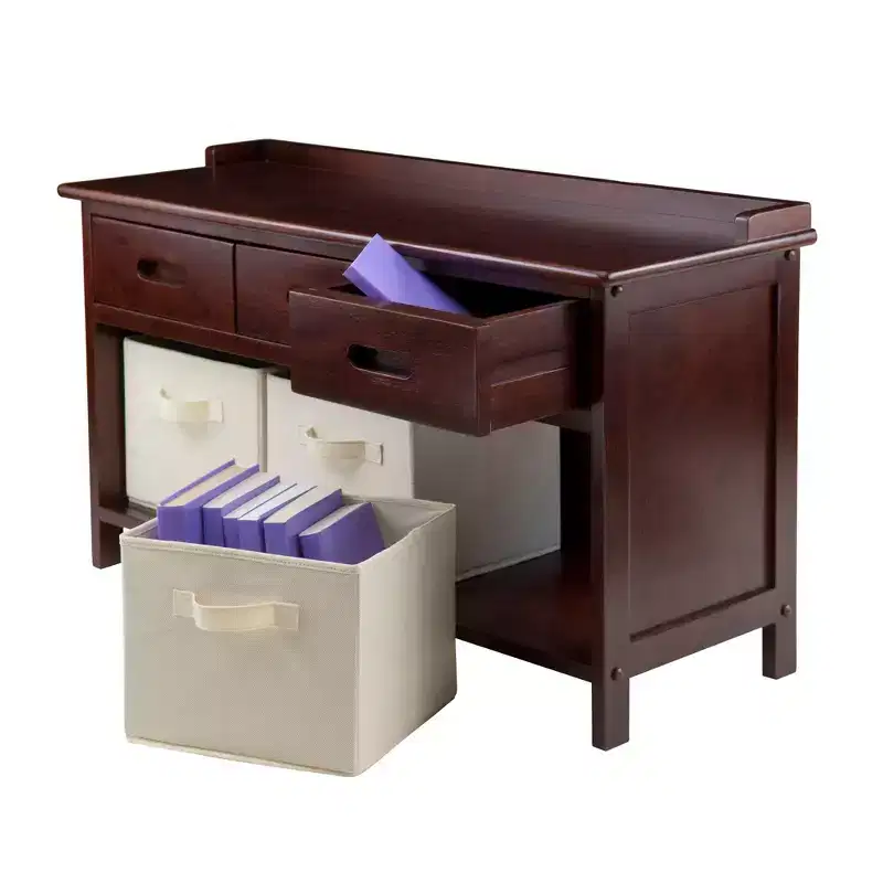 Entryway Storage Bench with Baskets, Walnut Finish, Beige Fabric