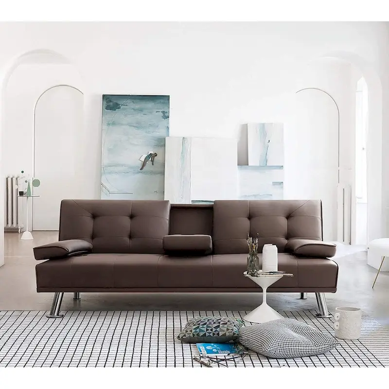 Furniwell Modern Faux Leather Futon with Cup Holders & Pillows, 65