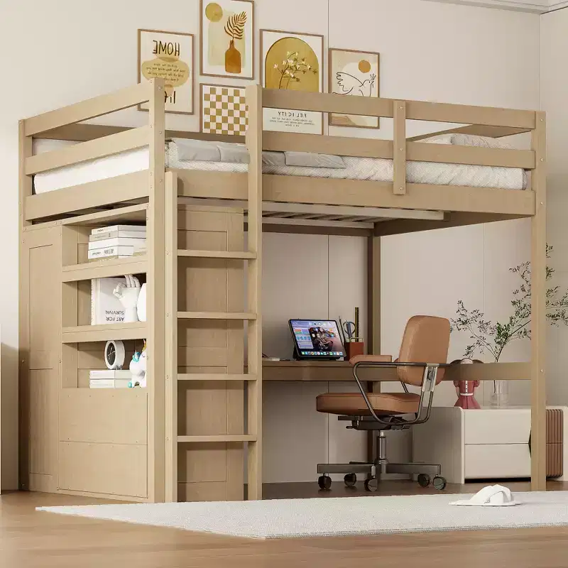Whisen 79.5''L x 56.9''W Wood Full Size Loft Bed with Built-in Wardrobe, Desk, Storage Shelves and Drawers