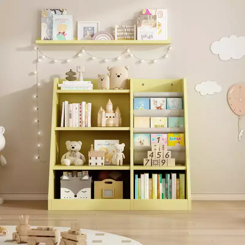 Yellow Wooden Toy Storage Organizer Cabinet Kids Bookshelf Children Bookcase Toddler Baby Sling Book Rack Shelf