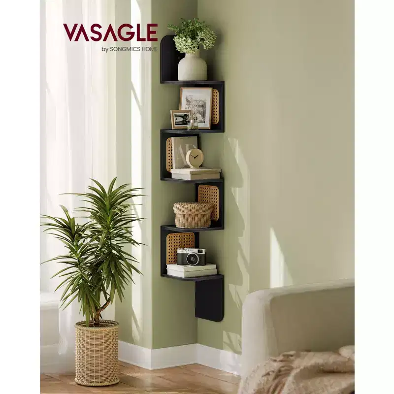 VASAGLE 5-Tier Corner Shelf, Wall Mounted Floating Shelf, Zigzag Corner Shelf Unit, PVC Rattan Sides, Space-Saving, Boho Style