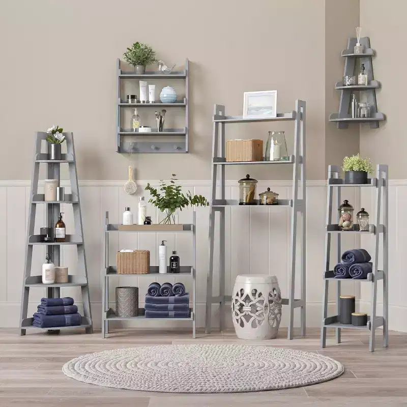 Amery 5 Tier Tall Corner Ladder Shelf Tower with Display Shelf and Corner Storage for Bathroom, Living Room, Office