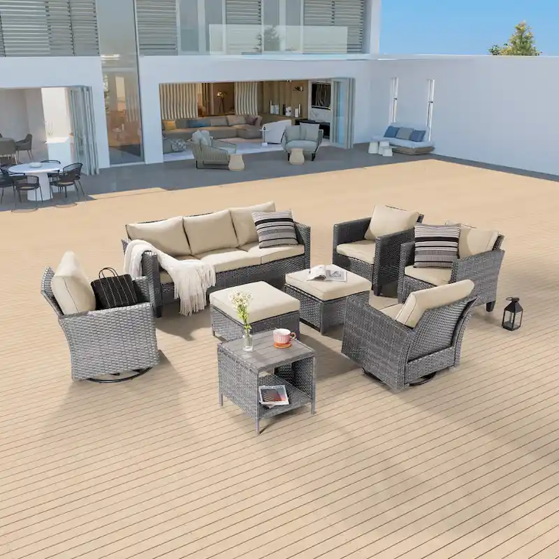 BONOSUKI 8Pcs Patio Conversation Swivel Rocking Sofa Set Grey Rattan