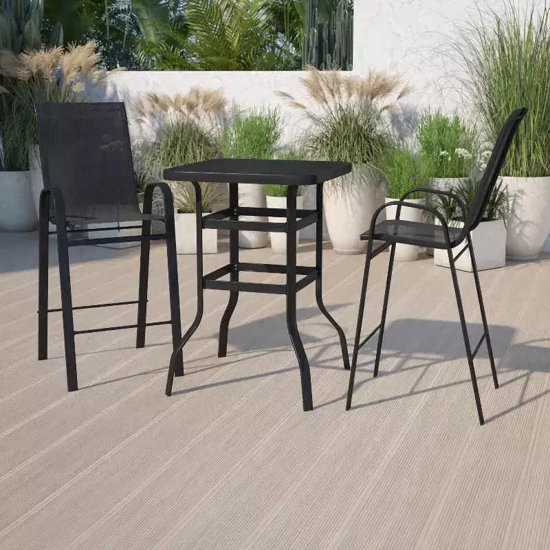 Emma and Oliver 3 Piece Outdoor Bar Height Set-Glass Patio Bar Table-Black All-Weather Barstools