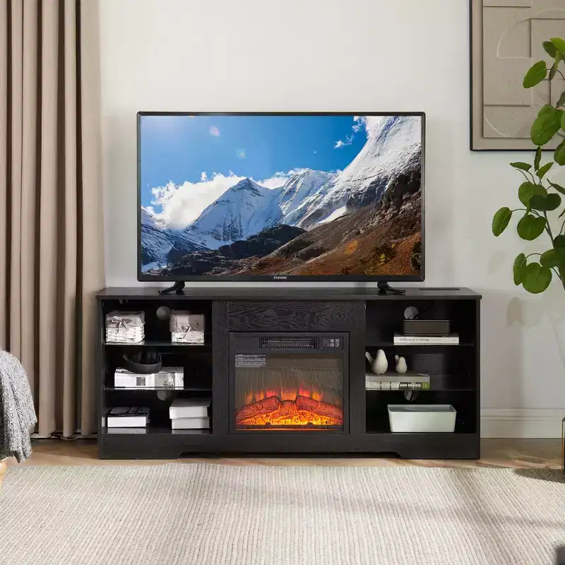 TUYOHW 3D Fireplace TV Stand with LED Lights for TVs up to 60 Inches,USB Charging Outlet and Glass Shelves