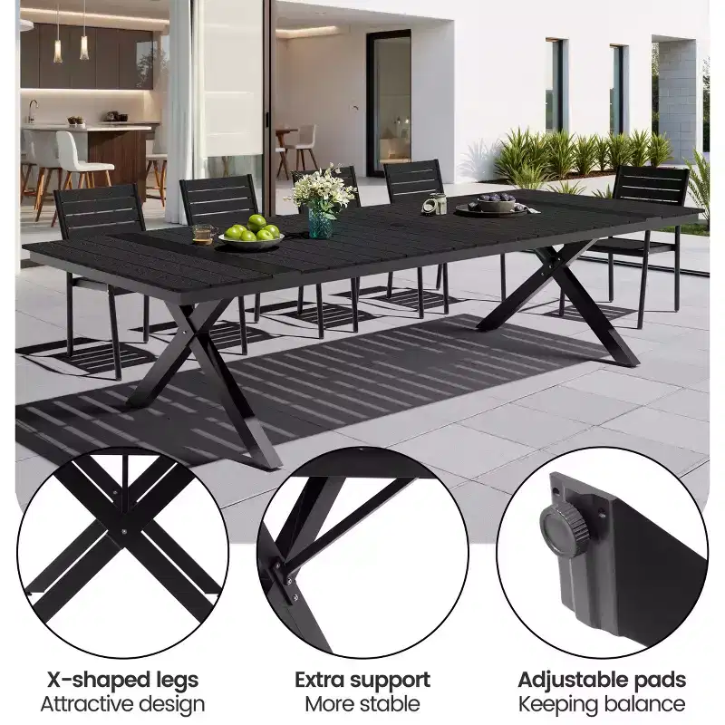 13PCS Extra Large Patio Dining Set X-Style Legs Stackable Chairs Wood Look Finish Table with Umbrella Hole