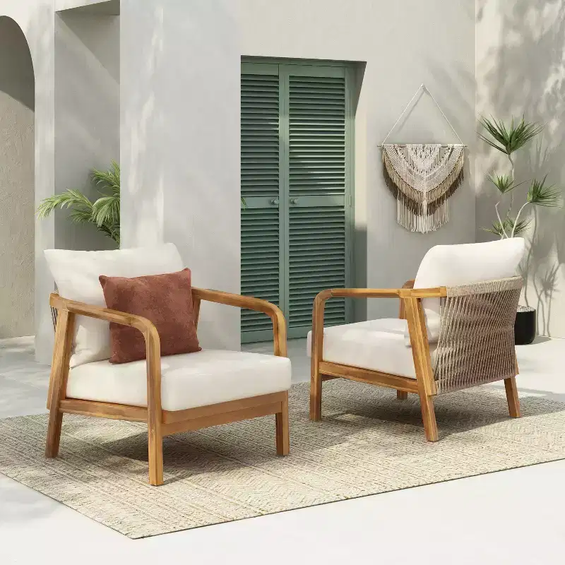 Christopher Knight Home Ivana Patio Woven Rope Acacia Wood Club Chair with Deep Cushions (Set of 2)