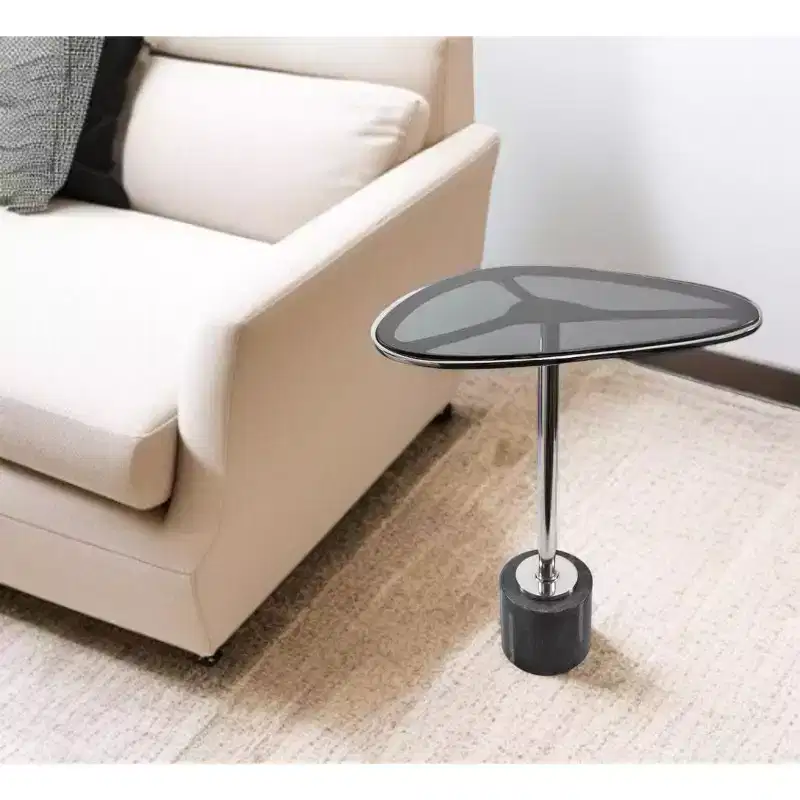 HomeRoots 22 Smoky Black and Silver Aluminum Glass and Marble Pedestal End Table