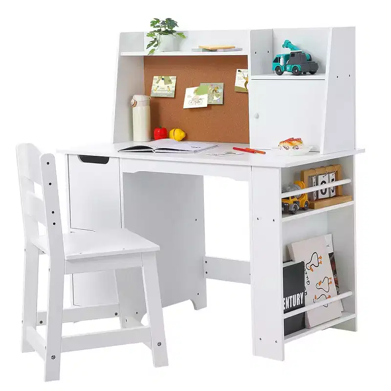 Kids Desk and Chair Set, Wooden Study Table with Storage Shelf, Bulletin Board for Children 3-8