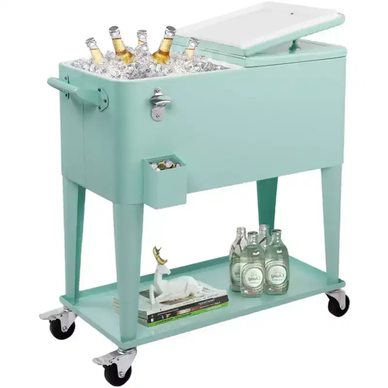 80 Quart Rolling Ice Chest Portable Bar Drink Cooler with Catch Basin and Bottom Storage Tray - Green