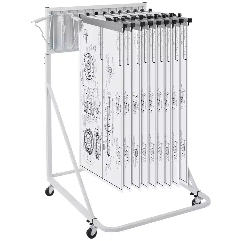 Mobile Blueprint Storage Rack with 12 Pivot Brackets, Adjustable Height & Length