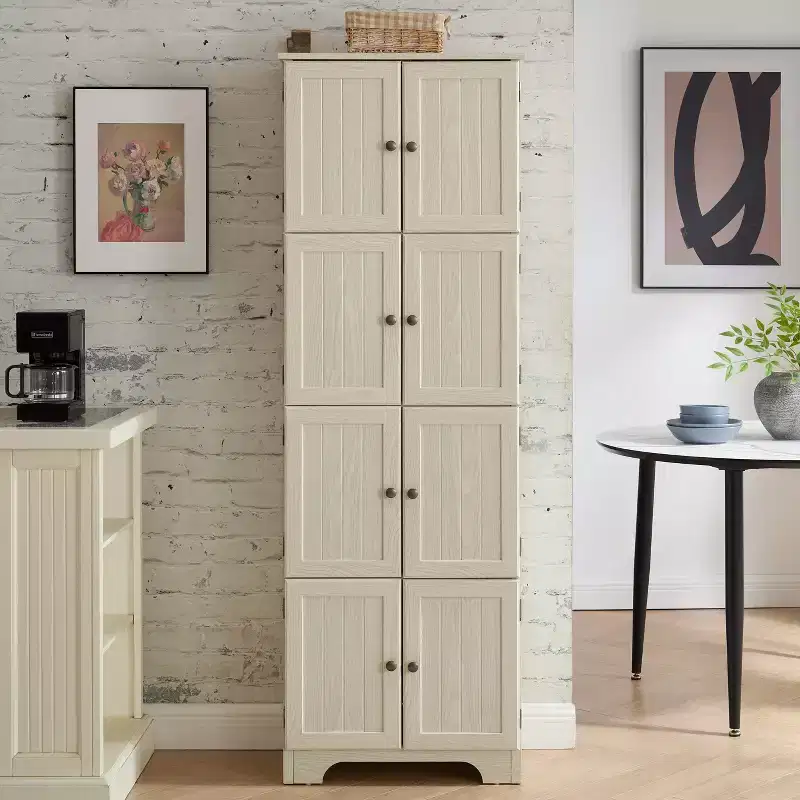 Farmhouse Tall Storage Cabinet with 8 Doors and 4 Shelves – 72