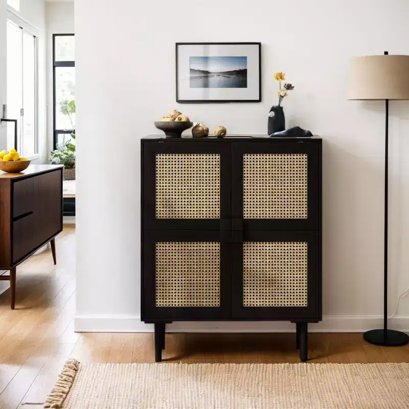 Rattan Mesh Sideboard Cabinet, Buffet Cabinet with 4 Doors and 8 Shelves, Storage Cabinet for Living Room, Dining Room, Kitchen
