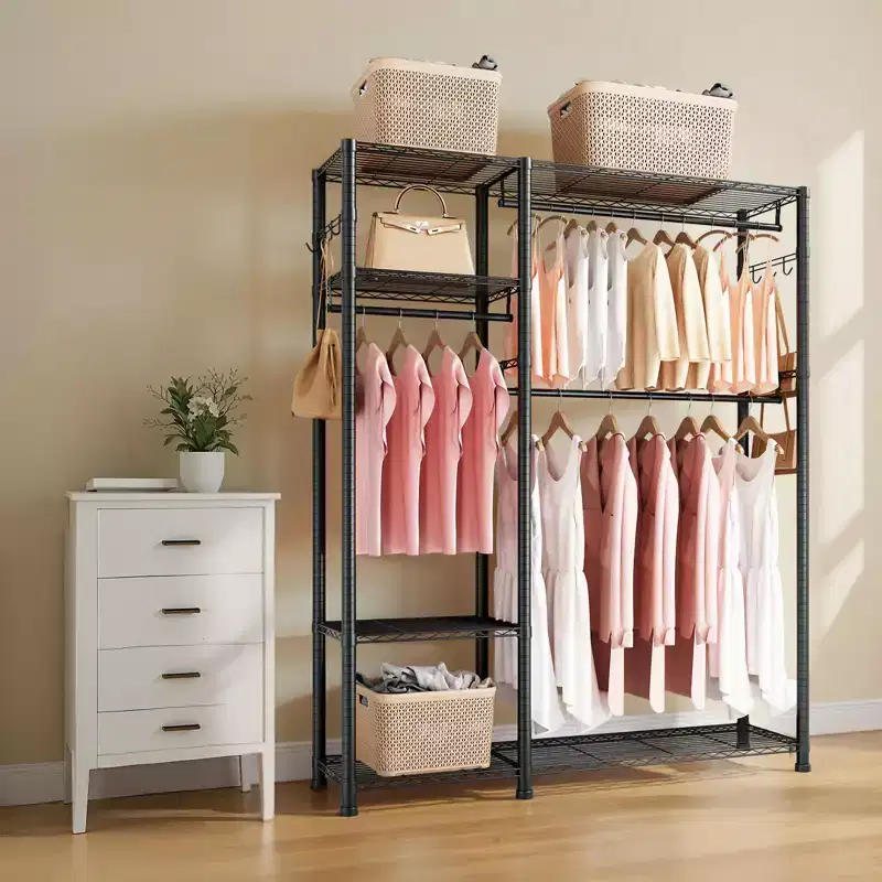 VEVOR Clothing Garment Rack,Heavy Duty Clothes Rack,6 Adjustable Tiers Clothes Racks with Steel Frame, 800 lbs Load Capacity with 3 Hanging Rods,Black