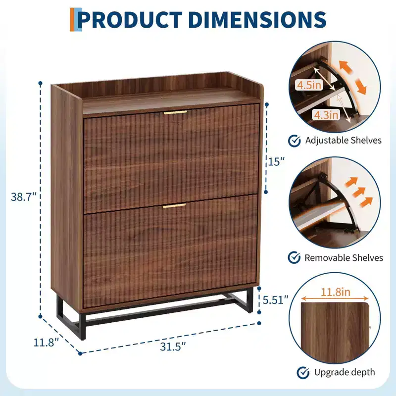 Narrow Entryway Shoe Cabinet – 2 Flip-Top Drawers, Wall Anchor, Walnut, Holds 12-16 Pairs