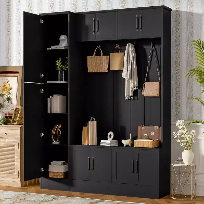 79IN Modern Hall Tree with 6 Cabinets and 4 Coat Hooks, Coat Rack with Shoe Storage Bench and Adjustable Shelf for Hallway, Living Room, Black