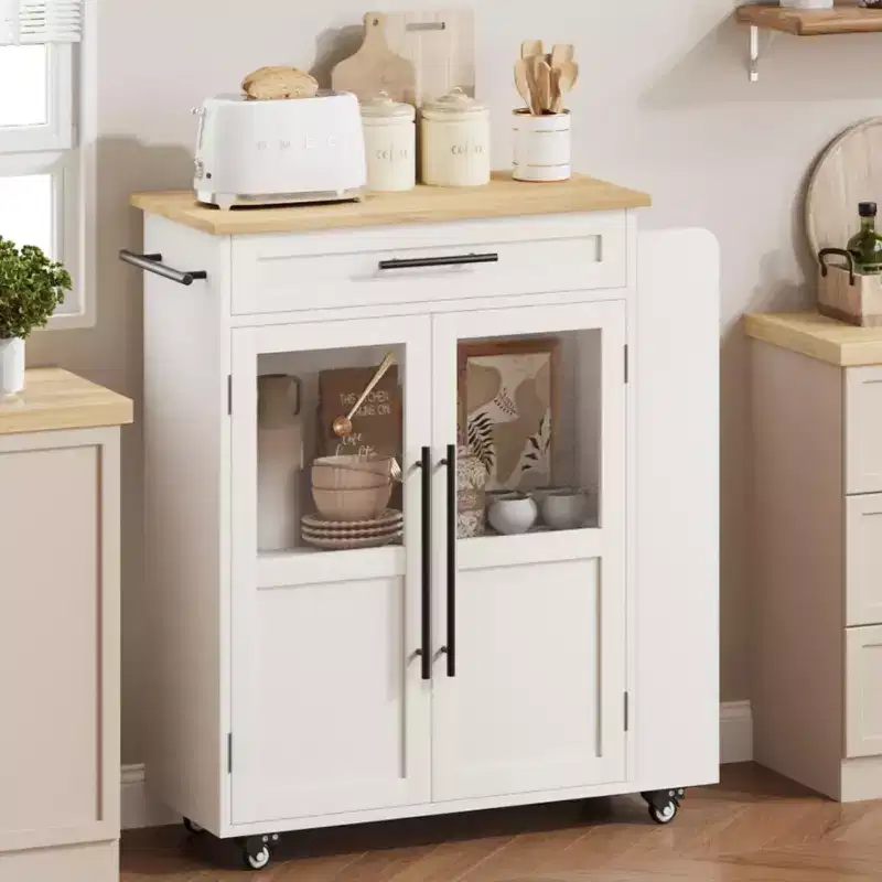 Kitchen Island Table On Wheels, Storage Island with Spice Rack and Drawer, Rolling Kitchen Cart On Wheels, for Home, Dining Room, Natural Oak