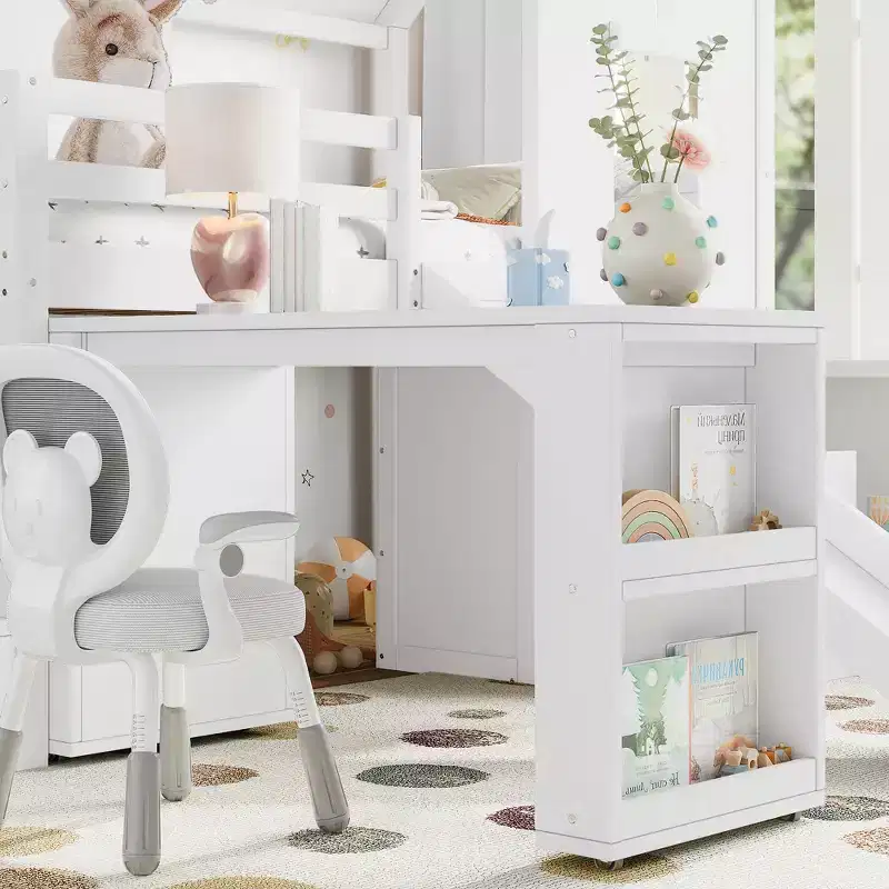 Wood Twin Loft Bed with Slide, Removable Desk & Storage Stairs