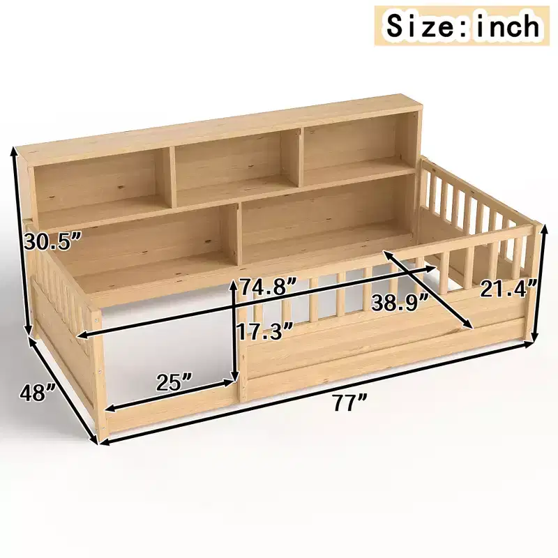 Bellemave Wood Montessori Floor Bed with 21.4'' Fence-Style Guardrails & 5 Storage Shelves, Kids Bed Frame for Bedroom,