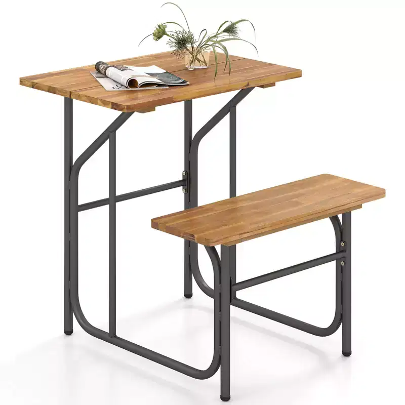 Costway 1/2 PCS Patio Table Bench Set One-Side Picnic Table & Seat with Acacia Wood Top Metal Legs