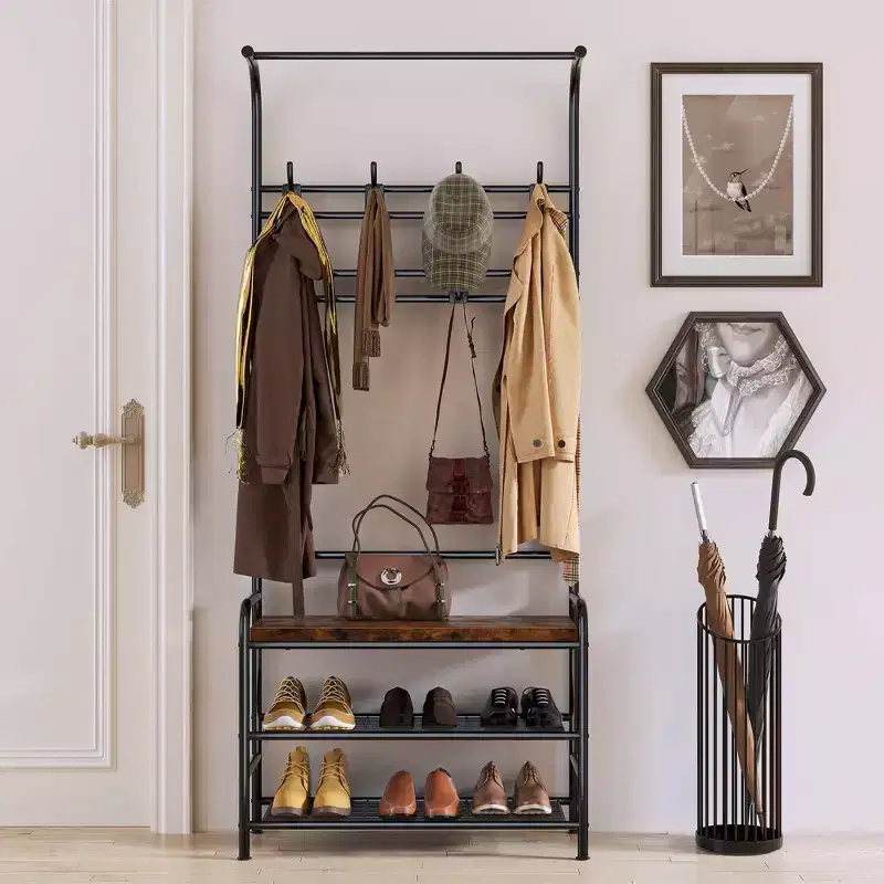 Freestanding Entryway Hall Tree with Shoe Storage Bench, 3-Tier Shelf, Hanging Rod & 8 Adjustable Hooks for Entryway Bedroom