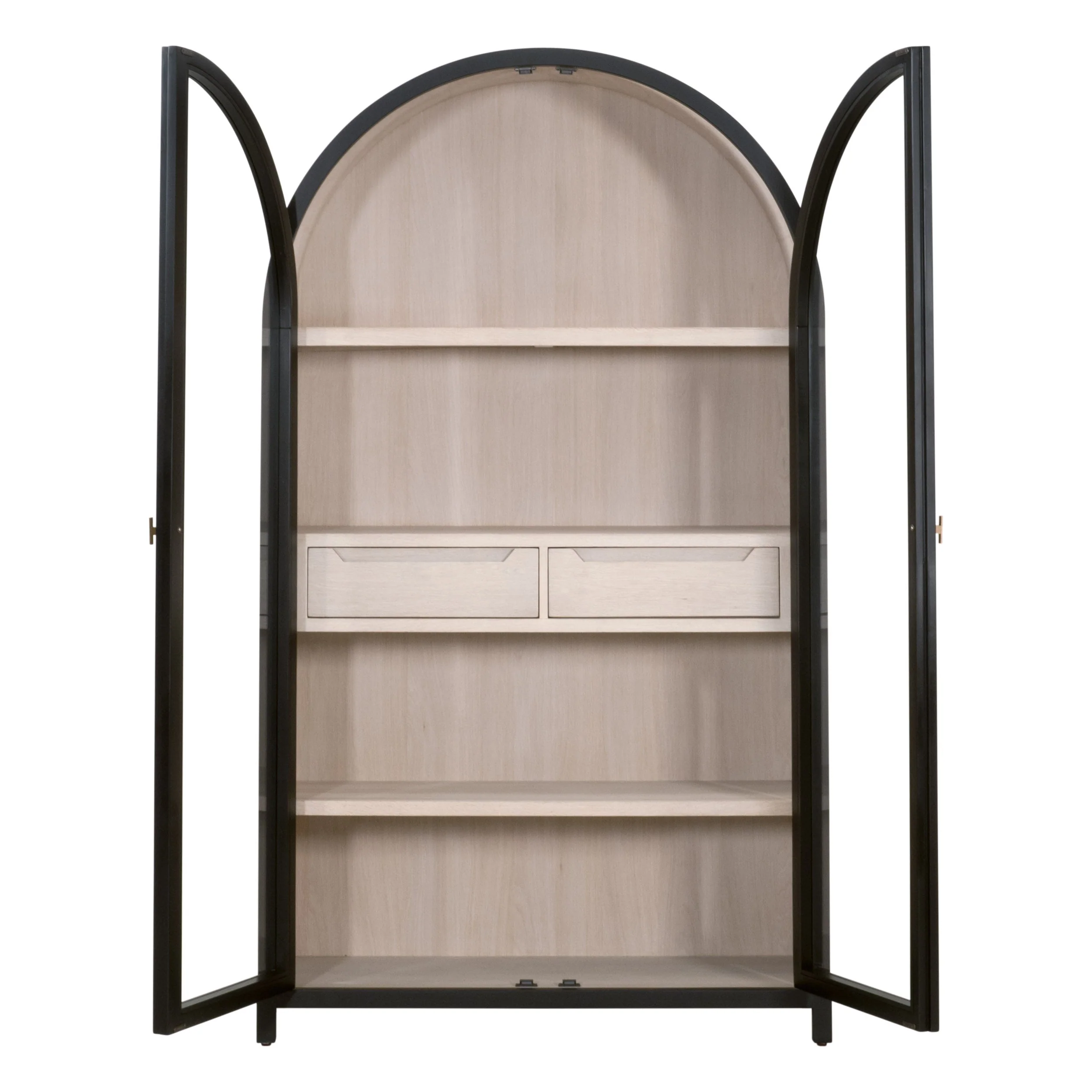 Transitional Black Birch & Tempered Glass Display Cabinet with Arched Frame & Gold Pulls for Living Room
