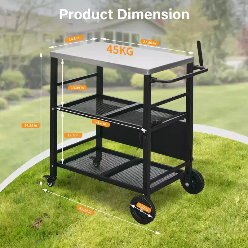 Stainless Steel Foldable Grill Table Cart, Outdoor Food Prep Rolling Cart with Wheels and Storage Shelves, Movable Kitchen Island