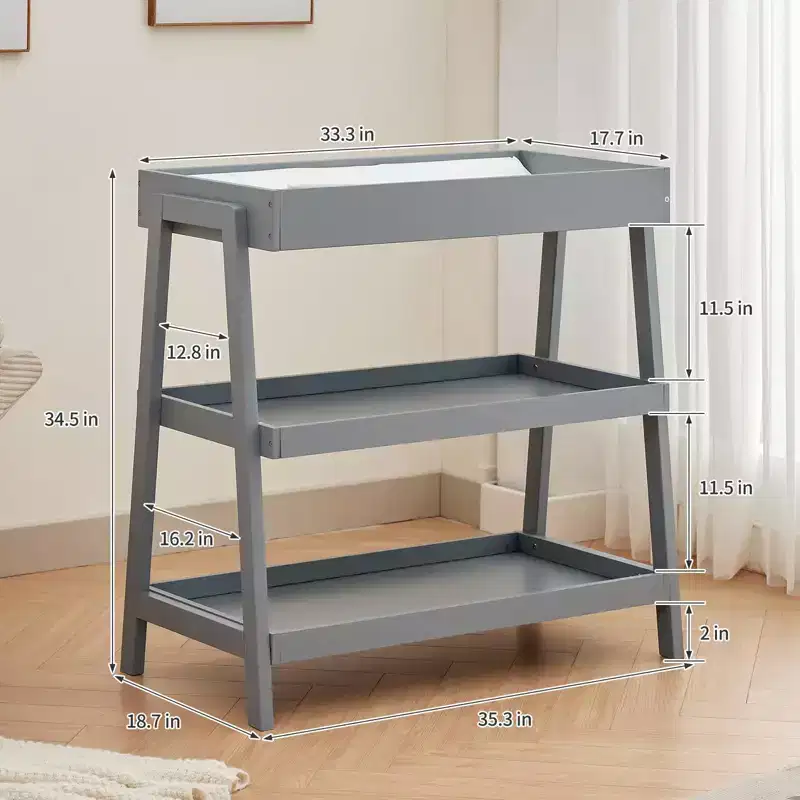 Baby Changing Table, Wooden Diaper Changing Table with Waterproof Pad, 3 Tier Diaper Portable Changing Station for Children's Room, Bedroom