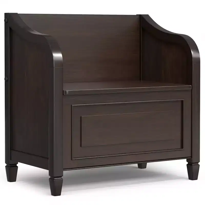 Small Entryway Storage Bench, Solid Wood with Lift-Up Lid, Dark Chestnut Brown