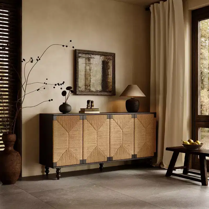TV console with storage, featuring wire-brushed and seagrass-patterned doors, ideal for dining rooms. Natural