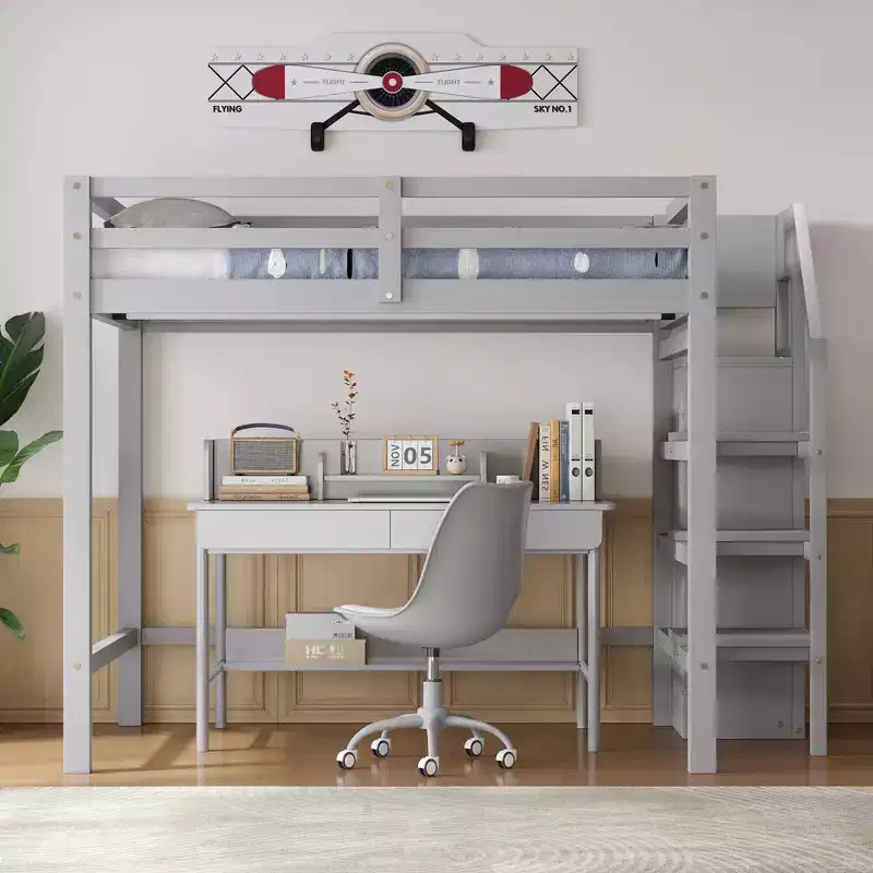 Whisen 93.8''L*57''W Wood Full Size Loft Bed with Built-in Storage Wardrobe and Staircase, Maximized Space