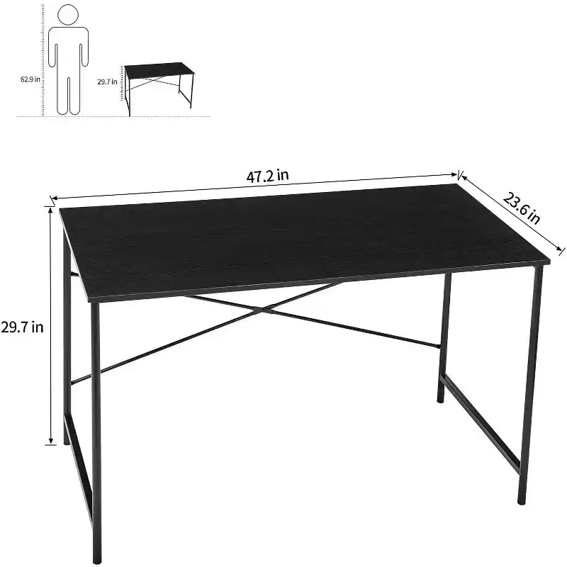 FurnitureR Home Office Desk 47.2-Inch, Simple Computer Desk with Sturdy Metal Legs, Multi-Purpose Writing Table for Students, Work, or Study, Black