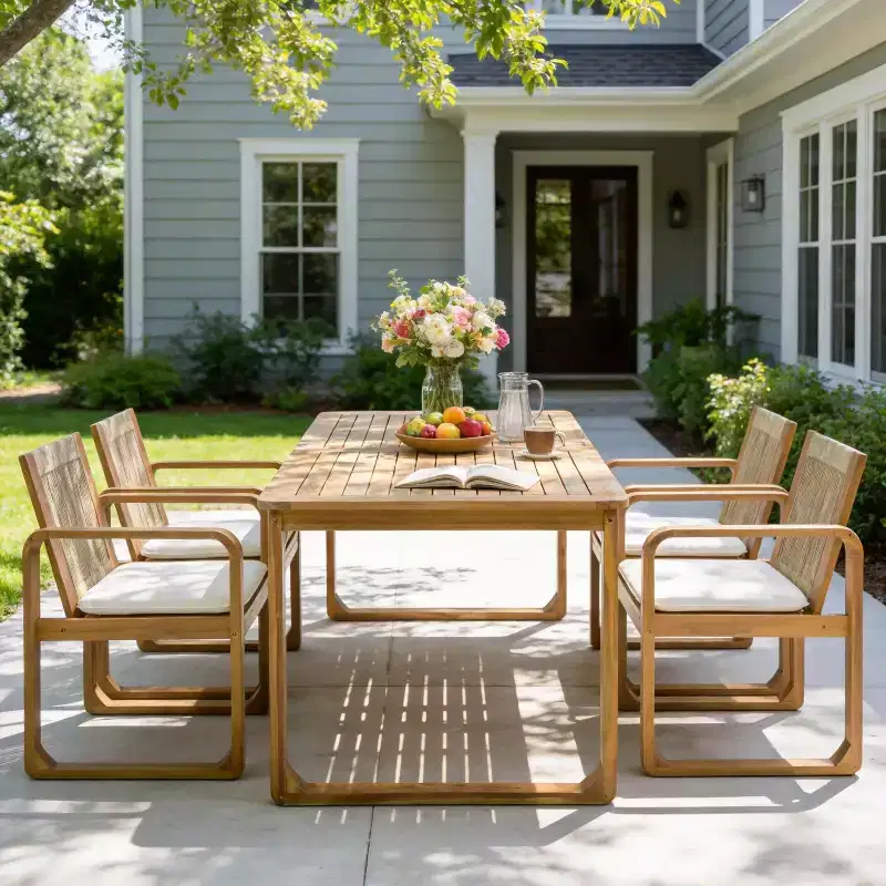 ModernLuxe 5/7-Piece Outdoor Dining Table Set, 71 Acacia Wood Table with Cushions + 6 Rope Back Dining Chairs, Light Teak Finish