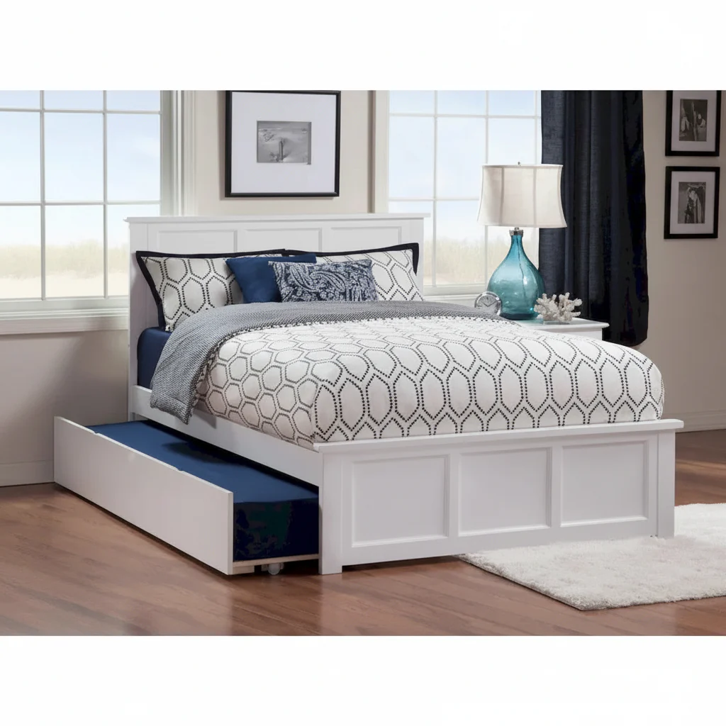 White Full Platform Bed with Twin Trundle & Turbo Charger