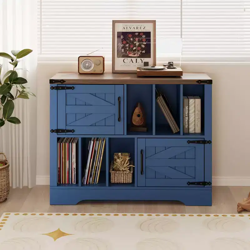 39in Large Vinyl Record Storage Cabinet with Barn Doors for Living Room Bedroom
