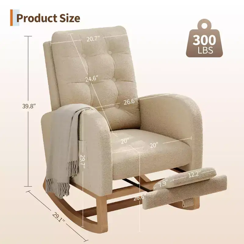 Upholstered Glider Rocking Chair with Side Pocket, Wood Frame, 1-Seat, Multiple Colors