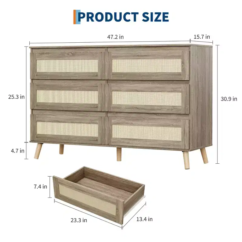 6-Drawer Rattan Dresser for Bedroom, Natural Chest of Drawers