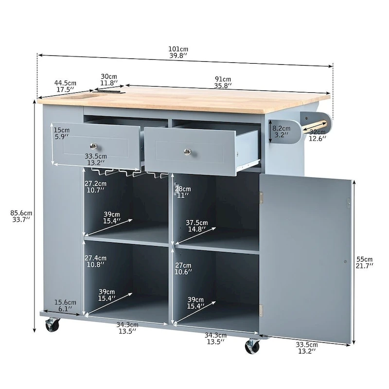 Kitchen Island Cart with Wheels ,Power Outlet, Drop Leaf, Wine Rack