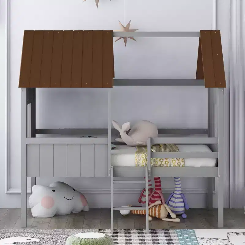 Twin Size Low Loft Wood House Bed with Two Side Windows, 4L -ModernLuxe