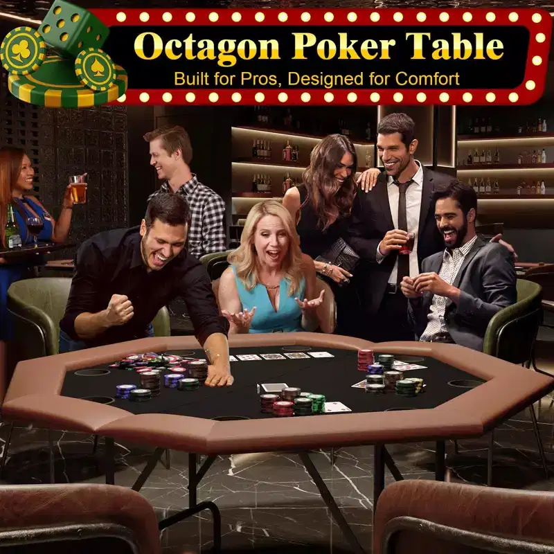 8-Player Octagon Poker Table  Foldable Brown Casino Table with Cup Holders for Texas Holdem & Blackjack (Professional Home Game Equipment)
