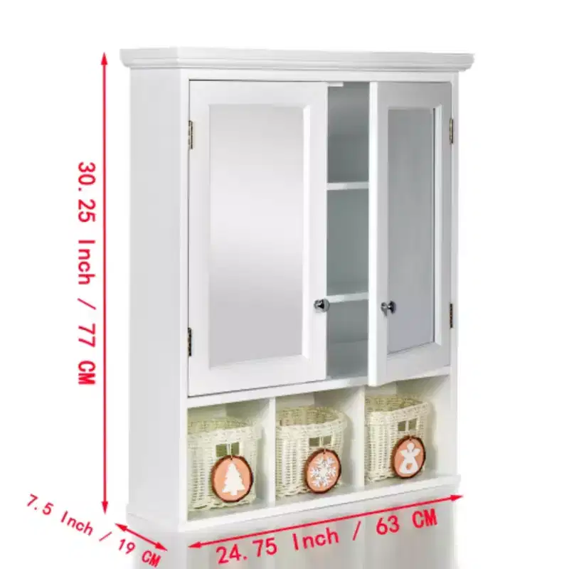 Bathroom Storage Cabinet, Medicine Cabinets for Bathroom with Mirror, 2 Doors 2 Adjustable Shelf + 3 Christmas Style Storage Basket