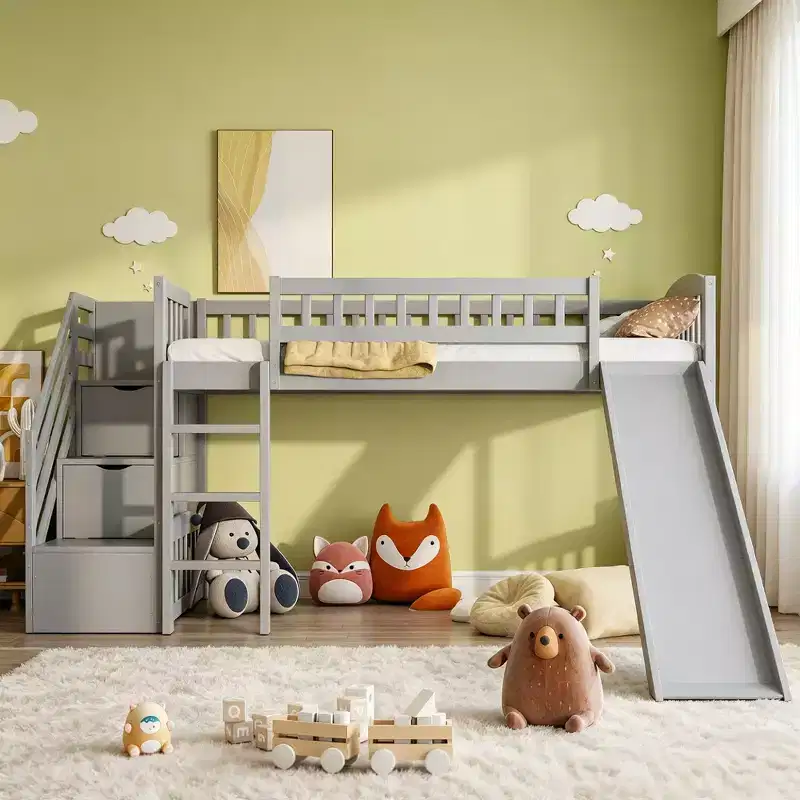 Luxystar Twin Size Loft Bed With Slide and Storage Stairs for Kids' Room