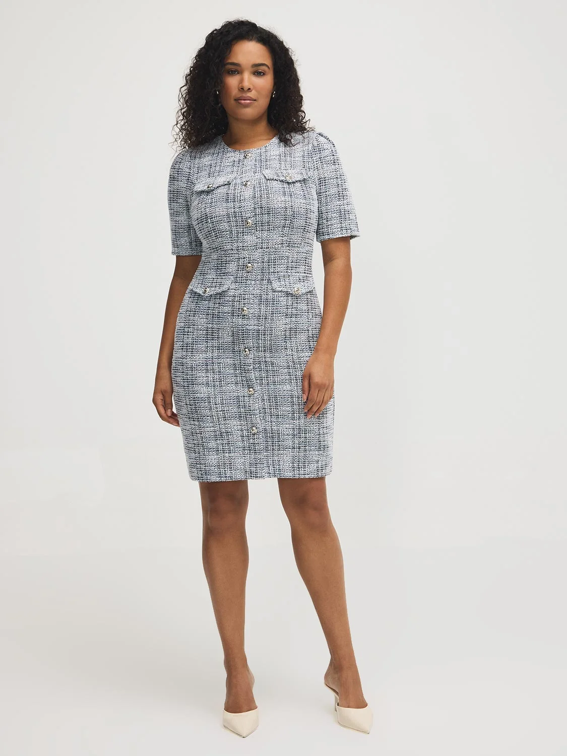 Button-Front Boucle Dress