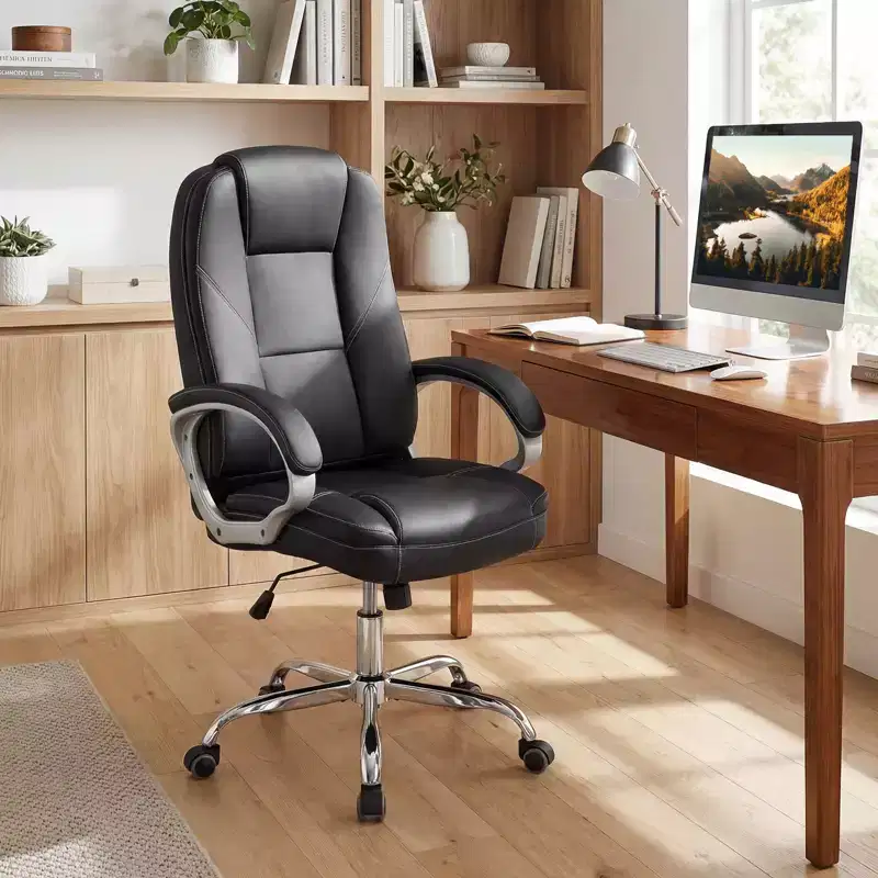 Leather Office Chair Ergonomic Executive Chair with Rocking Backrest Black